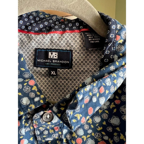 Men’s Blue Yellow White Floral Michael Brandon Button Down Short Sleeve XL - Picture 2 of 3